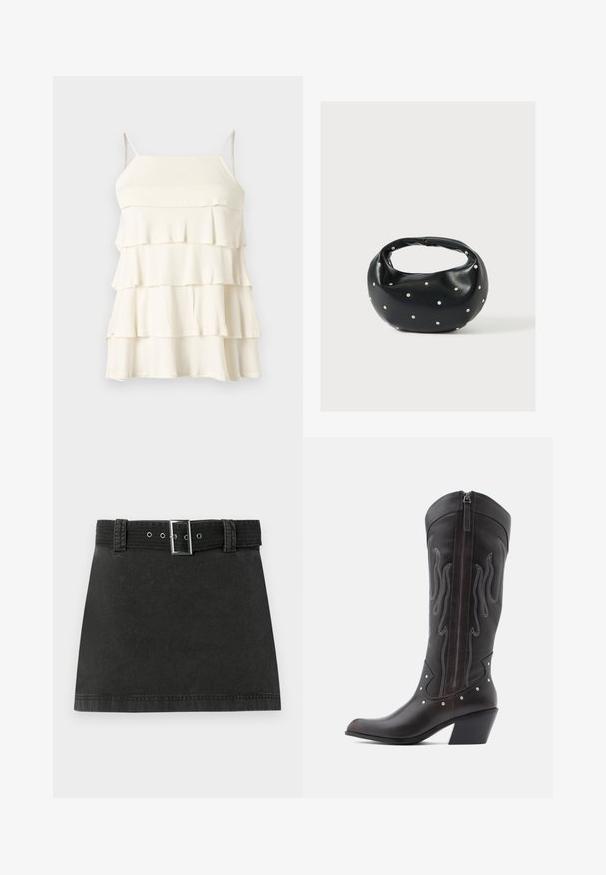 Robe blanche sans manches à volants avec fines bretelles et encolure droite sur un fond uni.; Jupe mini en denim noir avec une ceinture assortie présentant une boucle métallique et des passants de ceinture, affichée à plat sur un fond blanc.; Bottes de cowboy en cuir marron avec surpiqûres en forme de flammes, fermeture éclair latérale, clous argentés, bout pointu et talon superposé.; Sac à main en cuir noir de forme arrondie, décoré de clous argentés et équipé d'une poignée courte. Texture lisse et fermeture éclair.