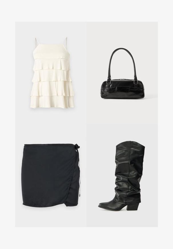 Robe blanche sans manches à volants avec fines bretelles et encolure droite sur un fond uni.; Jupe de bain noire avec un design enroulé, fabriquée en tissu léger. Équipée d'une fermeture à nouer sur le côté et d'une texture lisse.; Bottes noires en cuir, montantes jusqu'au genou, avec un design plissé, un bout pointu et un talon épais, présentant une texture lisse et des coutures minimales.; Sac à main en cuir noir de forme rectangulaire, doté d'une seule ansse structurée, de quincaillerie argentée et d'une fermeture éclair. Texture lisse.