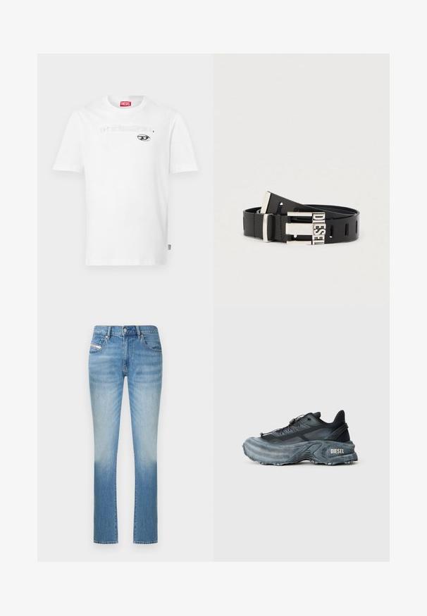 Άσπρο βαμβακερό t-shirt με στρογγυλή λαιμόκοψη, κοντά μανίκια, με μαύρο τυπωμένο σχέδιο και το όνομα της μάρκας "DIESEL" τοποθετημένο κεντρικά πάνω από ένα γραφικό ματιού.; Ανοιχτό μπλε τζιν με εφαρμοστή γραμμή, ευθεία παντελόνι και διακριτική ξεθώριαση προς τα κάτω. Κλασικό στυλ με πέντε τσέπες.; Μαύρο και γκρι sneaker Diesel με παχιά σόλα, σύρμα κορδονιού και υφή σε απλό ανοιχτό γκρι φόντο.; Μαύρη δερμάτινη ζώνη με ασημί μεταλλική αγκράφα που φέρει τη λέξη «DIESEL». Η ζώνη διαθέτει αρκετές τρύπες ρύθμισης κατά μήκος της.