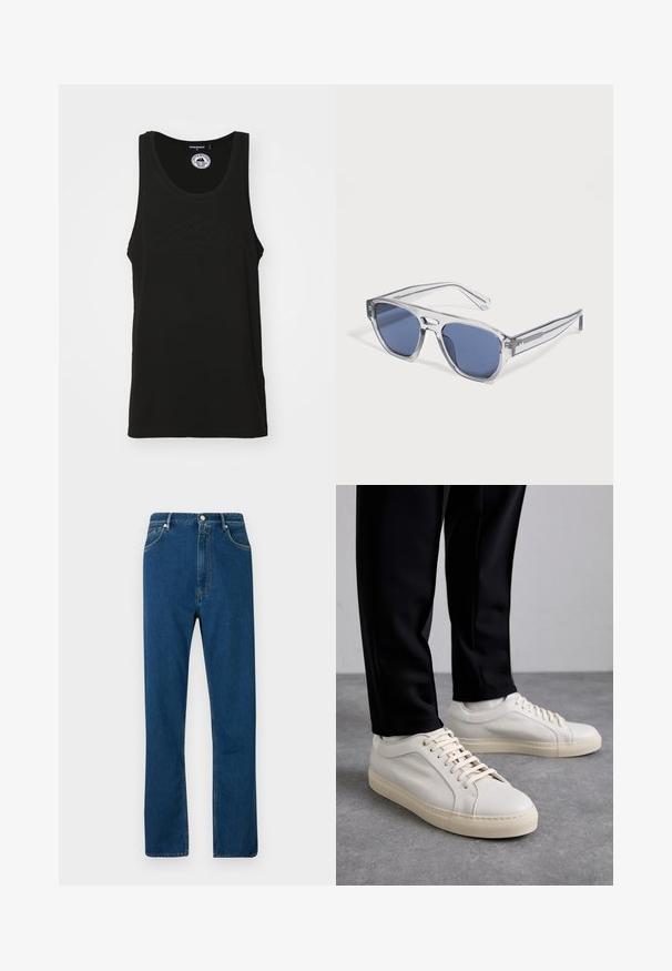 Sort ærmeløs tank top lavet af bomuld med en rund halsudskæring og prægede logo detaljer foran. Rent, minimalisk design.; Blå denimjeans med høj talje, lige ben, fem lomme-design og kontrasterende orange syninger. Glat tekstur.; Lys beige lædersneakers med flade snørebånd, en tekstureret overflade og en kontrasterende cremelilla gummisål, båret med sorte tapered bukser.; Solbriller med klart stel og rektangulære blåtonede linser, som ligger på en hvid overflade.