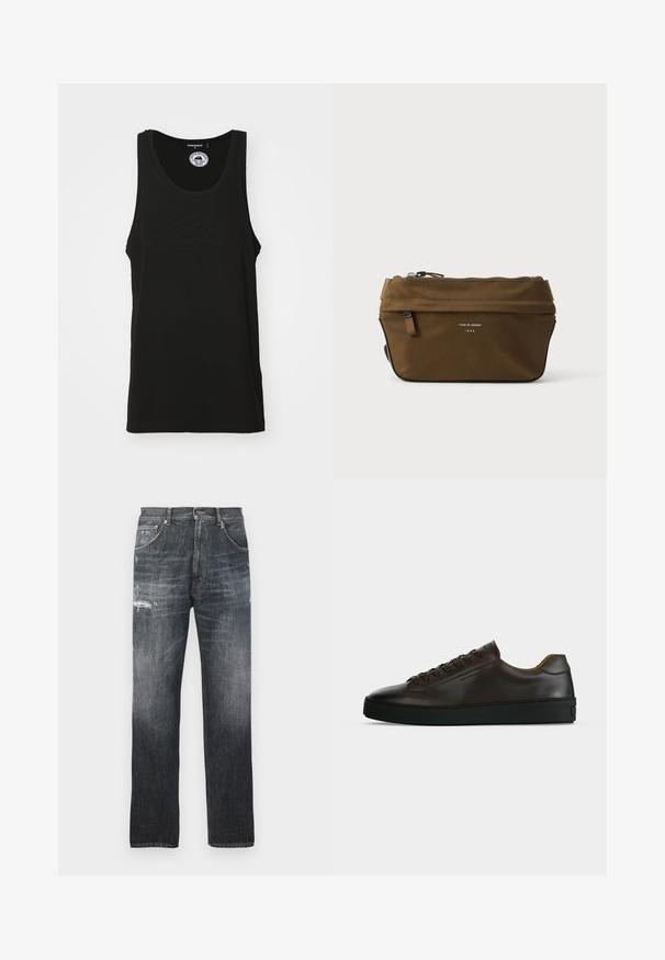 Débardeur sans manches noir en coton avec un col rond et un logo en relief à l'avant. Design épuré et minimaliste.; Jean en denim gris foncé décoloré avec un léger effet usé sur le haut des cuisses et un design classique à cinq poches.; Baskets basses en cuir marron foncé avec semelle en caoutchouc noire, lacets à l'avant et design minimaliste épuré sur fond clair.; Trousse rectangulaire marron à fermeture éclair, avec petite poche avant et texte "Tiger of Sweden 1903" sur le devant.
