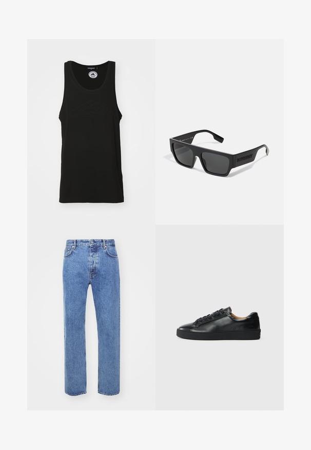 Débardeur sans manches noir en coton avec un col rond et un logo en relief à l'avant. Design épuré et minimaliste.; Won Hundred STEVE - Jean boyfriend - cut blue; Baskets en cuir noir avec une texture lisse, bout rond et fermeture à lacets. Comprend une semelle en caoutchouc épaisse et un minimum de détails de marque.; Lunettes de soleil noires avec une forme rectangulaire, finition mate et verres gris. Équipées d'un logo en relief sur les branches. Design classique.
