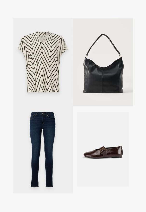 Korte mouwen V-hals top in crème met zwart zigzagpatroon. Zachte stof, losse pasvorm en zijnaad voor extra structuur.; TOM TAILOR DENIM TTJONA SKINNY FIT - Jeans Skinny Fit - used dark stone blue denim; Donkerbruine lakleren platte schoen met een grote gouden gesp en een afgeronde teen, zijaanzicht op een witte achtergrond.; Zwarte leren schoudertas met gedraaide handgreep en verticale stikdetails op een effen lichte achtergrond.