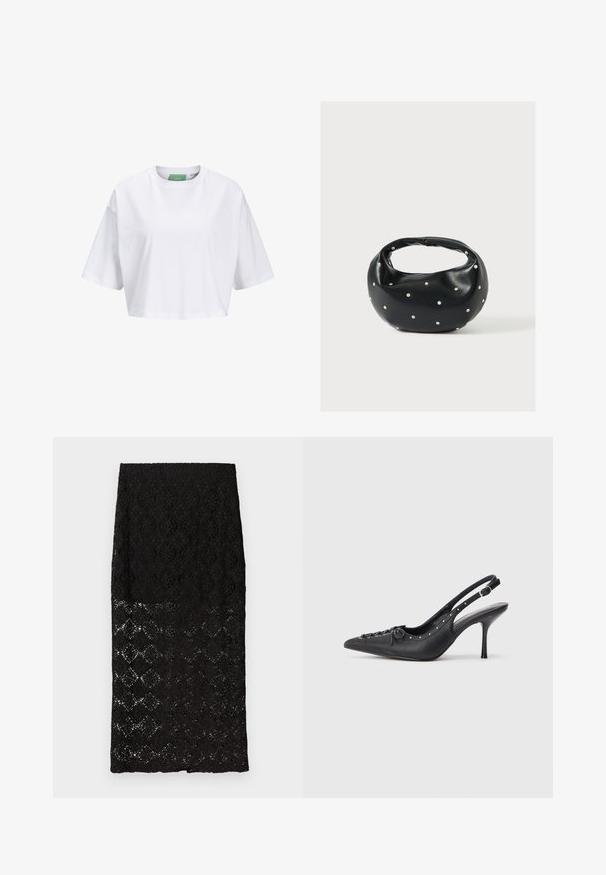Weißes, kurzärmliges Crop-Top aus Baumwolle mit Rundhalsausschnitt. Grünes Etikett innen mit sichtbar Markenname.; Schwarzer Spitzen-Bleistiftrock mit floralem und geometrischem Muster, durchscheinendem unteren Teil, geradem Saum, flach auf weißem Hintergrund präsentiert.; Schwarzer Leder-Slingback-Stiletto mit spitzem Zehenaufsatz, seitlichem Schnallenriemen, Nieten entlang der Kante und dekorativer Schnürung vorne.; Schwarze Lederhandtasche mit abgerundeter Form, verziert mit silbernen Nietenakzenten und kurzem Griff. Glatte Struktur und Reißverschlussverschluss.