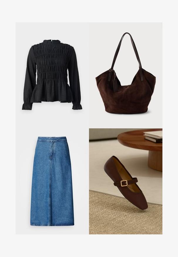 Top negro de manga larga con detalles fruncidos, cuello alto y dobladillo peplum acampanado. Fabricado con una tela texturizada y puños con volantes.; Falda midi de mezclilla con un corte relajado, presenta una cintura alta, dobladillo deshilachado y color azul sólido. Diseño sencillo sin adornos visibles.; Zapato plano de cuero marrón con puntera afilada y una correa decorativa con una hebilla dorada. Fondo de textura tejida en un cálido tono beige.; Bolso de ante marrón con una forma suave y caída. Presenta asas de cuero y un acento de etiqueta. Textura lisa con costuras curvas.