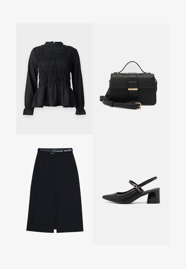 Top negro de manga larga con detalles fruncidos, cuello alto y dobladillo peplum acampanado. Fabricado con una tela texturizada y puños con volantes.; Falda negra hasta la rodilla con una abertura en la parte delantera, hecha de tejido suave. Presenta un delgado cinturón negro con una hebilla plateada y pasadores para el cinturón.; Tacones slingback de charol negro con punta afilada, un diseño de corte redondeado y tacón bloque. Incluye un detalle de hebilla en tono dorado.; Bolso de mano de cuero negro con acentos metálicos dorados, forma rectangular, cierre con solapa, correa de hombro ajustable, textura suave, diseño minimalista.