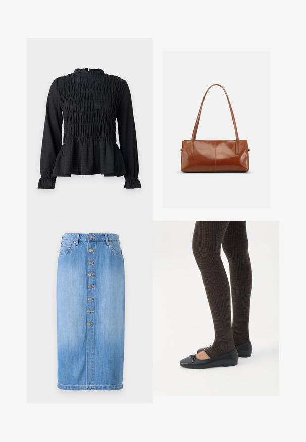 Haut noir à manches longues avec des détails smockés, col haut et ourlet peplum évasé. Fabriqué en tissu texturé avec des poignets à volants.; Jupe midi en denim bleu avec une coupe droite, dotée d'une fermeture à boutons sur le devant, de cinq poches et d'un délavage pour une texture.; Jambes portant des leggings côtelés foncés associés à des ballerines noires avec de petits détails en nœud sur fond blanc.; Sac à main rectangulaire en cuir marron avec deux longues bandoulières, finition lisse et brillante, au design minimaliste sur un fond uni.