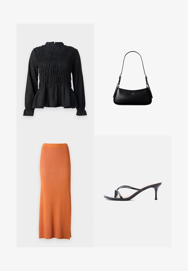 Čierny top s dlhým rukávom a smocked detailami, vysokým golierom a rozšíreným peplum lemom. Vyrobený z textúrovaného materiálu s volánovými manžetami.; Samsøe Samsøe SACHERYL SKIRT - Maxisukňa - autumn maple mel; Čierna sandála na podpätku z lakovanej kože s tenkými prekríženými remienkami a úzkym stredne vysokým ihličkovým podpätkom na bielom pozadí.; Čierna kožená mini kabelka cez rameno s tenkým remienkom a malým zlatým logom CK v strede na prednej strane.