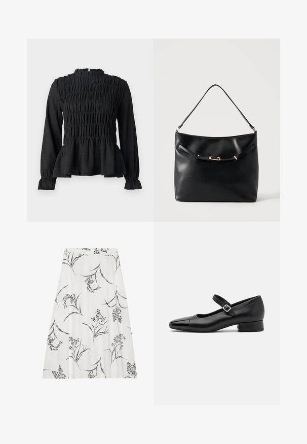 Top negro de manga larga con detalles fruncidos, cuello alto y dobladillo peplum acampanado. Fabricado con una tela texturizada y puños con volantes.; Falda blanca con un patrón floral en negro. Forma en A con una cinturilla. Tejido ligero con una textura suave.; Zapatos Mary Jane de cuero negro con puntera de charol, correa de tobillo ajustable y tacón bajo. Textura suave y diseño elegante.; Bolso de hombro de cuero negro con una sola correa y un pequeño detalle de hebilla dorada en la parte delantera sobre un fondo claro y liso.