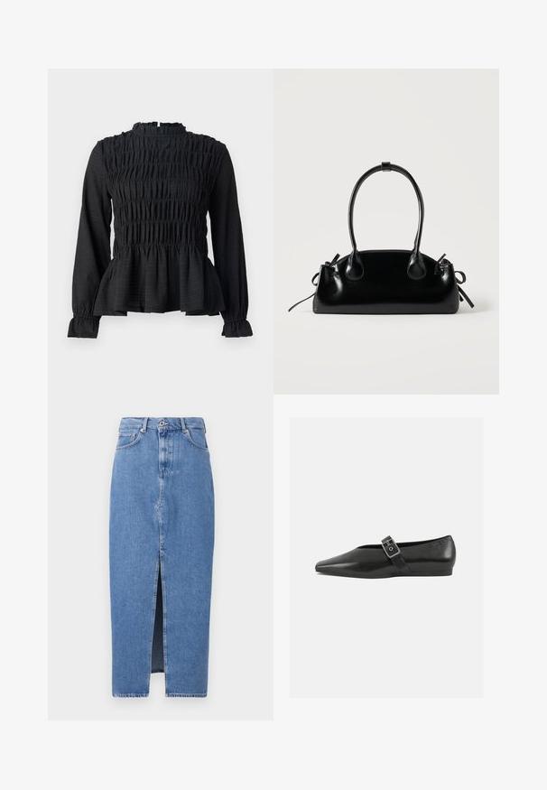 Haut noir à manches longues avec des détails smockés, col haut et ourlet peplum évasé. Fabriqué en tissu texturé avec des poignets à volants.; Jupe midi en denim bleu clair avec une fente avant, design classique à cinq poches et fermeture par bouton supérieur. Le tissu présente une légère texture.; Chaussure plate en cuir noir avec un orteil pointu, présentant une sangle à boucle métallique sur le cou-de-pied et une semelle basse et flexible.; Petit sac à main noir brillant avec deux longues anses et des détails à cordon sur les côtés sur un fond clair uni.