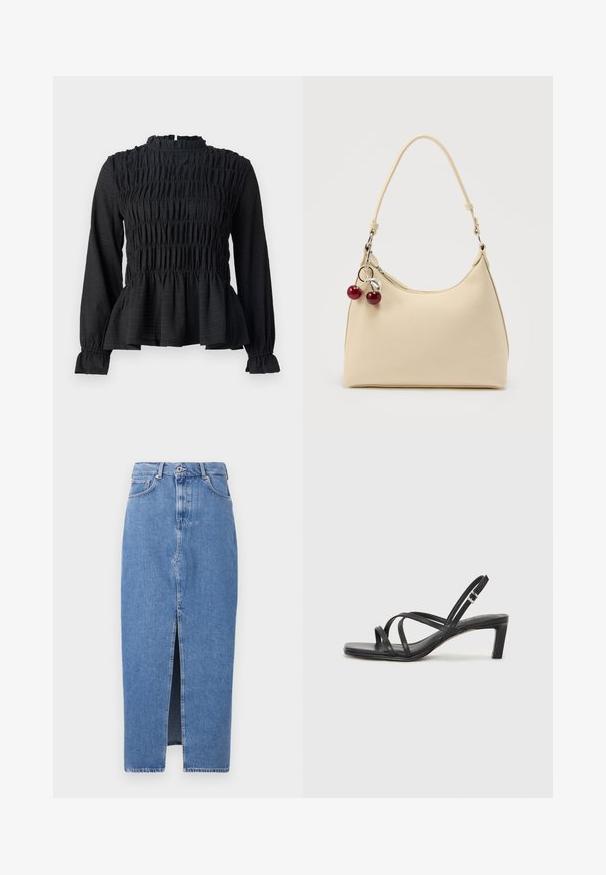 Top negro de manga larga con detalles fruncidos, cuello alto y dobladillo peplum acampanado. Fabricado con una tela texturizada y puños con volantes.; Falda midi de mezclilla azul claro con una abertura frontal, diseño clásico de cinco bolsillos y cierre con botón en la parte superior. La tela tiene una ligera textura.; Sandalia negra de tiras con punta cuadrada y tacón bajo de bloque. Presenta múltiples tiras delgadas y una correa ajustable en el tobillo. Fabricada en cuero suave.; Bolso de color crema con superficie texturizada, correa de un solo hombro y charm de cremallera en forma de cereza sobre fondo liso.