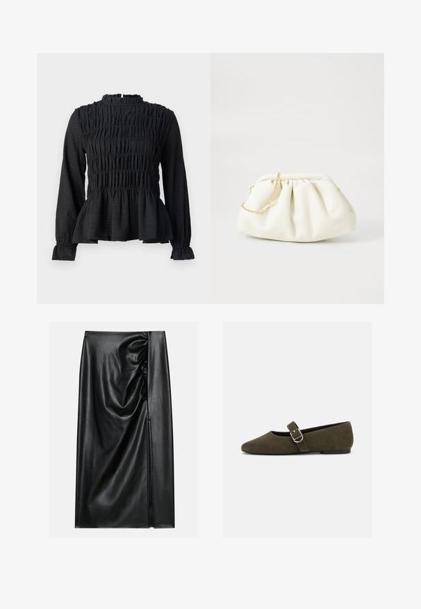 Top negro de manga larga con detalles fruncidos, cuello alto y dobladillo peplum acampanado. Fabricado con una tela texturizada y puños con volantes.; Falda de cuero negro con una textura suave, con una sección fruncida en un lado y una abertura lateral para añadir detalle.; Zapato plano Mary Jane de ante verde oliva con hebilla de plata y punta redondeada, mostrado sobre un fondo blanco.; Bolso de mano de cuero blanco con un diseño recogido, cuenta con una cadena dorada y forma redondeada. Textura suave con pliegues suaves y sin patrones.