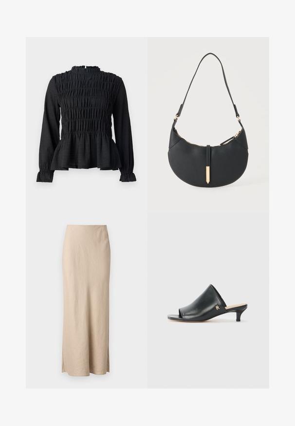 Zwart langemouwen top met gesmokt detail, hoge hals en een uitlopende peplumzoom. Gemaakt van een gestructureerde stof met gerimpelde manchetten.; Samsøe Samsøe AGNETA LONG SKIRT - Maxirok - white pepper; Zwarte leren open teen muiltjes met een lage hak. Heeft een glad oppervlak en een gouden logo accent aan de zijkant.; Zwarte handtas in halve maanvorm met een enkele band, gouden rits en een gouden rechthoekige decoratieve tab aan de voorkant.