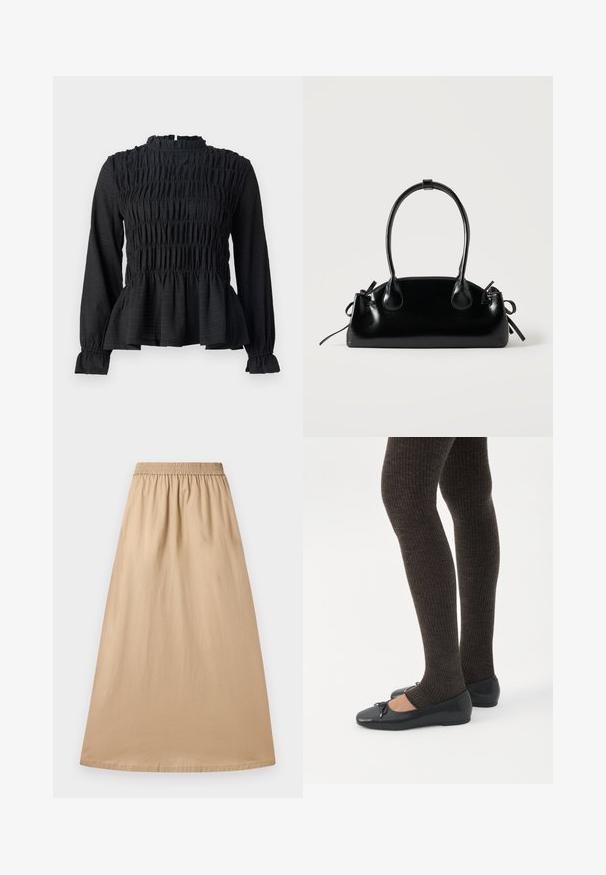 Zwart langemouwen top met gesmokt detail, hoge hals en een uitlopende peplumzoom. Gemaakt van een gestructureerde stof met gerimpelde manchetten.; Beige maxi rok van lichtgewicht stof, met een elastische tailleband en een gladde textuur, met een rechte, vloeiende snit.; Benen met donkere geribbelde leggings gecombineerd met zwarte ballerina's met kleine strikdetails op een witte achtergrond.; Kleine zwarte glanzende handtas met twee lange hengsels en zijkant trekkoord details op een effen lichte achtergrond.