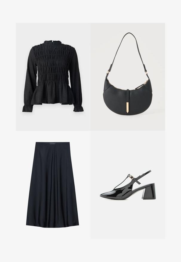 Čierny top s dlhým rukávom a smocked detailami, vysokým golierom a rozšíreným peplum lemom. Vyrobený z textúrovaného materiálu s volánovými manžetami.; Čierna sukňa po kolená vyrobená z ľahkej tkaniny s voľným strihom. Obsahuje hladkú textúru a jemné záhyby pre dodatočný detail.; Čierna lodička z lakovanej kože s nízkym podpätkom, špicatou špičkou a T-popruhom s malou zlatou prackou.; Čierna kabelka v tvare polmesiaca s jedným remienkom, zlatým zipsom a zlatou obdĺžnikovou dekoratívnou záložkou vpredu.