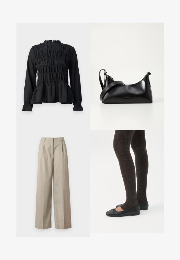 Čierny top s dlhým rukávom a smocked detailami, vysokým golierom a rozšíreným peplum lemom. Vyrobený z textúrovaného materiálu s volánovými manžetami.; Béžové nohavice s širokými nohavicami vyrobené z hladkej látky, so priliehavým pásom, záhybmi a voľným strihom cez nohy. Jednoduchý dizajn a čisté línie.; Nohy v tmavých pásikavých legínach v kombinácii s čiernymi balerínkami s malými mašličkami na bielom pozadí.; Čierna kožená kabelka s hladkou textúrou. Obsahuje nastaviteľný popruh a elegantný, minimalistický dizajn so zipsovým uzatvorením.