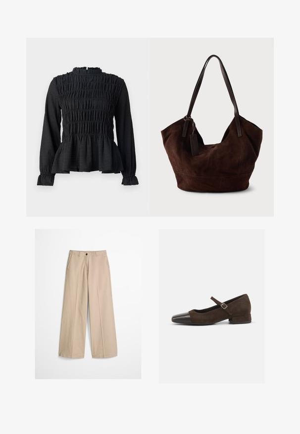 Čierny top s dlhým rukávom a smocked detailami, vysokým golierom a rozšíreným peplum lemom. Vyrobený z textúrovaného materiálu s volánovými manžetami.; Béžové nohavice s širokými nohavicami, prednou záhybou, putkami na opasok, zapínaním na gombík a malou látkovou štítkom na pravej strane pásu.; Hnedé semišové topánky typu Mary Jane s čiernym lakovaným špičkovým krytom, nastaviteľným remienkom a nízkym blokovým podpätkom. Hladká textúra s minimálnymi akcentmi.; Hnedá semišová kabelka s mäkkým, uvoľneným tvarom. Má kožené rúčky a ozdobný štítok. Jednoduchá textúra s zakrivenými švami.