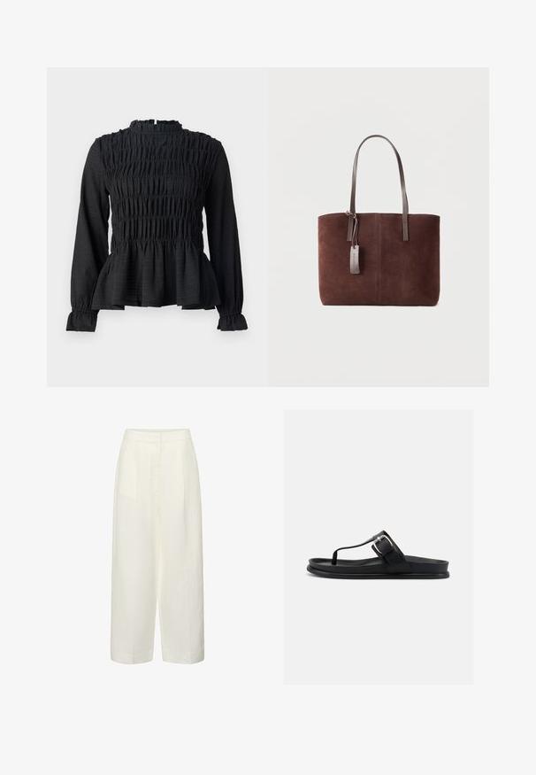 Top negro de manga larga con detalles fruncidos, cuello alto y dobladillo peplum acampanado. Fabricado con una tela texturizada y puños con volantes.; Pantalones blancos de pernera ancha y cintura alta, con costuras frontales y una pretina lisa, diseñados para un ajuste relajado y elegante.; Sandalia tipo tanga negra con suela acolchada y correa ajustable con hebilla plateada, mostrada de lado sobre un fondo blanco.; Bolso tote de ante marrón con asas de cuero oscuro y una pequeña etiqueta de cuero adjunta sobre un fondo liso y claro.