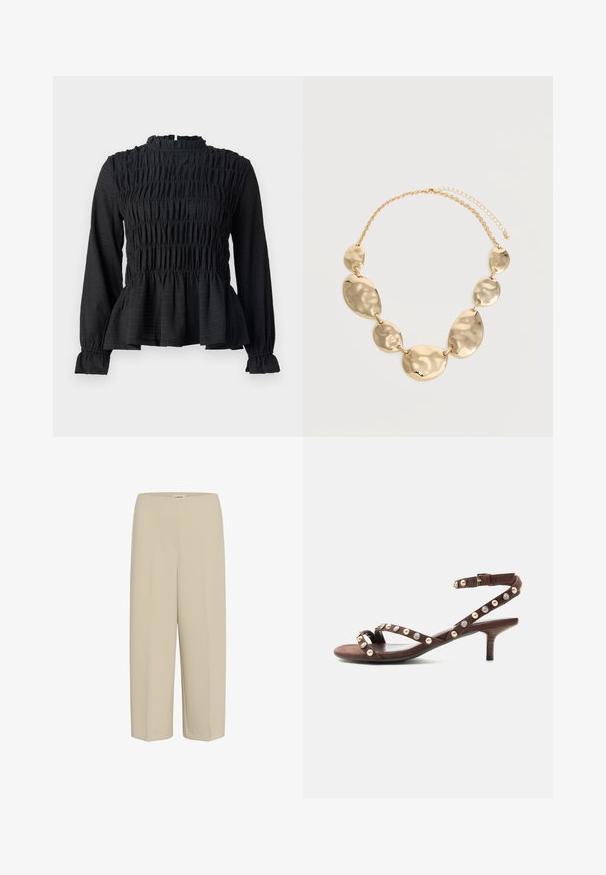 Top negro de manga larga con detalles fruncidos, cuello alto y dobladillo peplum acampanado. Fabricado con una tela texturizada y puños con volantes.; Pantalones beige de pierna ancha con cintura elástica y tela lisa. El diseño presenta una silueta limpia y minimalista sin bolsillos.; Sandalia marrón de tacón con correa en el tobillo, adornada con tachuelas alternas de perlas y piedras preciosas transparentes en tiras delgadas.; Collar cadena en tono dorado con seis placas metálicas irregulares, ovaladas y redondas martilladas, enlazadas entre sí y con cierre ajustable.