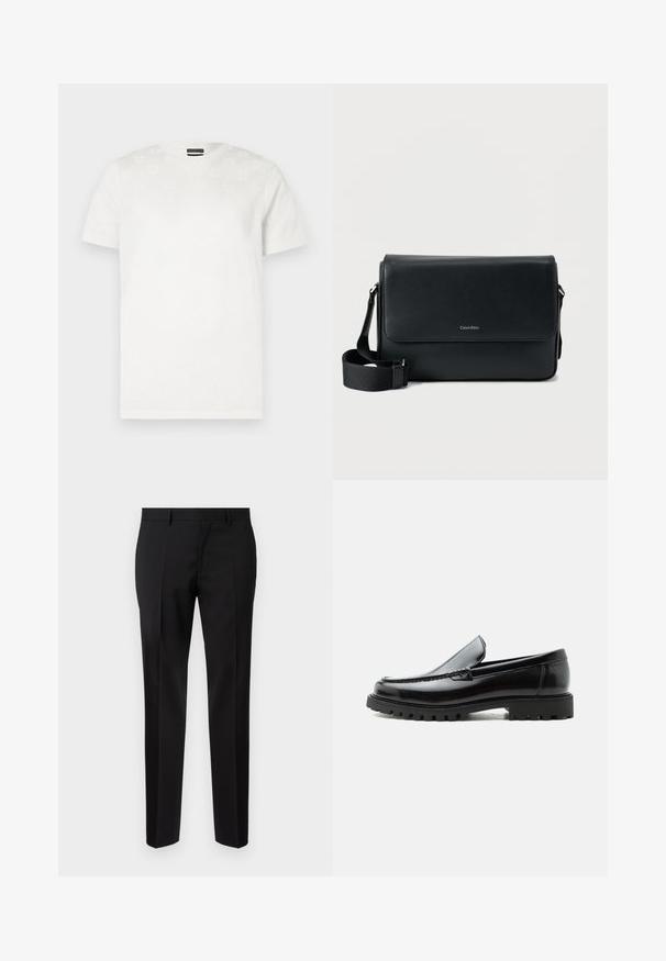 T-shirt en coton blanc à manches courtes avec un motif texturé subtil sur le devant supérieur. Col rond, coupe standard.; Pantalons noirs ajustés en tissu lisse, présentant une jambe droite, des détails de pli raffinés et une taille classique avec passants de ceinture.; Mocassin en cuir noir avec semelle en caoutchouc épaisse, dessus cousu et nom de marque embossé sur le talon, présenté de profil sur fond blanc.; Sac messager en cuir noir à surface texturée, avec une bandoulière ajustable et un rabat avant affichant un logo discret. Forme compacte et rectangulaire.