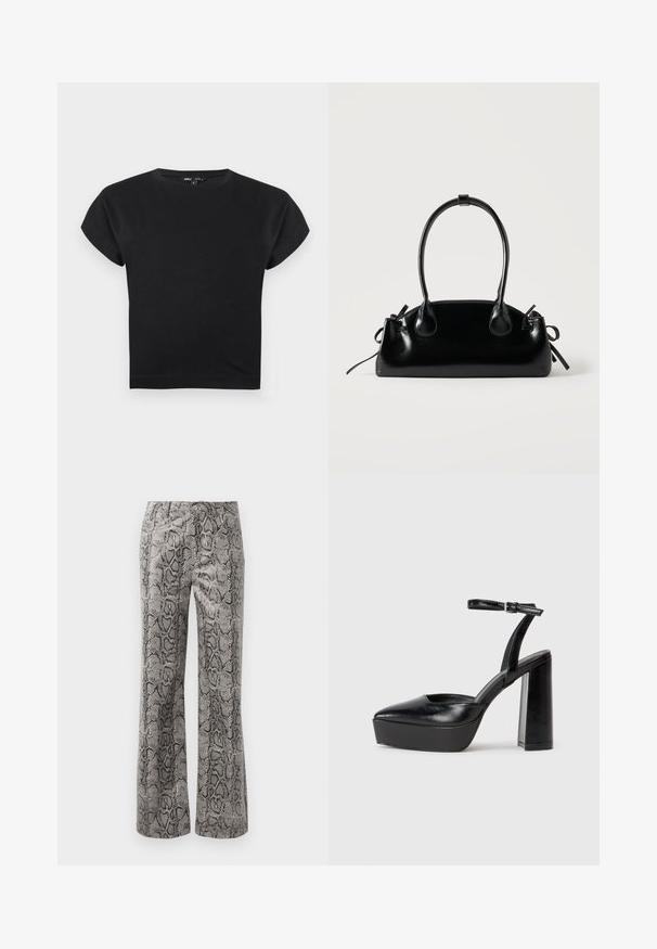 Crop top noir à manches courtes avec un col rond, des épaules légèrement étendues et une coupe ajustée sur fond blanc.; Pantalons droits avec un motif en serpent noir et gris et une fermeture à bouton sur un fond blanc.; Escarpins noirs à plateforme avec un bout pointu et une sangle réglable à la cheville. Conçus en cuir lisse, avec un large talon bloc.; Petit sac à main noir brillant avec deux longues anses et des détails à cordon sur les côtés sur un fond clair uni.