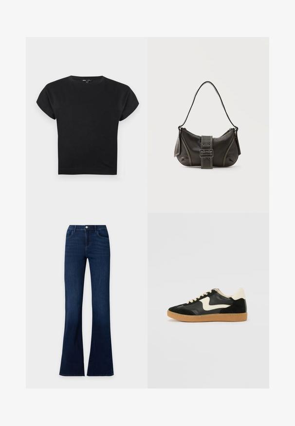 Crop top noir à manches courtes avec un col rond, des épaules légèrement étendues et une coupe ajustée sur fond blanc.; Jean en denim bleu foncé avec jambes évasées, poches avant et fermeture à bouton à la taille.; Baskets en daim et cuir noir avec un swoosh latéral crème et un talon crème clair. Dotées de lacets beige et d'une semelle en caoutchouc gomme.; Sac à épaule en cuir noir avec une sangle à boucle, des bords arrondis et des coutures blanches contrastées sur un fond uni.