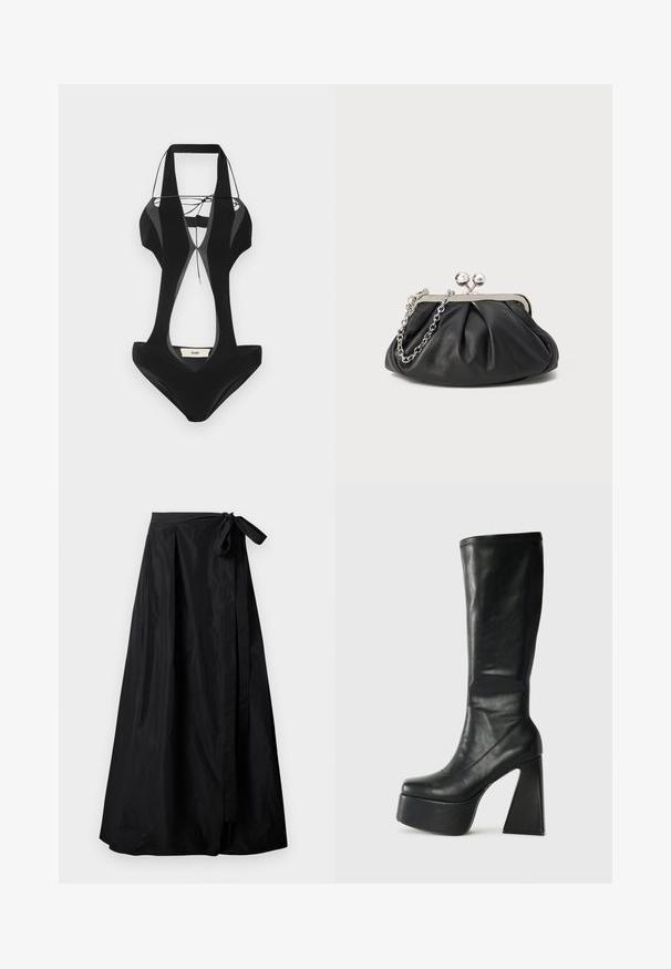 Maillot de bain noir avec des découpes sur les côtés, des bretelles larges et un décolleté en V. Fabriqué en tissu lisse, il présente une étiquette de marque au dos.; Jupe maxi noire enveloppante avec devant plissé et nœud noué à la taille, confectionnée dans un tissu lisse et léger.; Bottine noire en cuir, haute jusqu'au genou, avec une plateforme épaisse et un talon géométrique. Texture lisse avec des détails decouture sur le bord supérieur.; Porte-monnaie en cuir noir avec texture froncée, cadre en métal argenté, fermeture à verrouillage kiss-lock et bandoulière en chaîne. Surface lisse et douce.