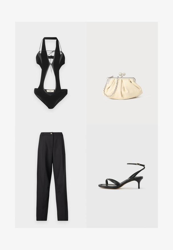 Maillot de bain noir avec des découpes sur les côtés, des bretelles larges et un décolleté en V. Fabriqué en tissu lisse, il présente une étiquette de marque au dos.; Pantalon noir taille haute, coupe droite, avec une fermeture à bouton unique en or à la taille.; Sandale pour femme en cuir noir avec fines lanières, une boucle d'orteil, une boucle à la cheville et un talon aiguille de hauteur moyenne sur un fond neutre.; Pochette en cuir beige plissé avec un cadre en métal argenté, dotée de deux fermoirs ronds décoratifs et d'une chaîne en argent.