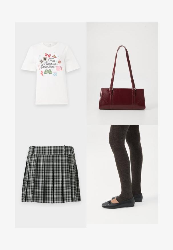 T-shirt blanc à manches courtes avec un design coloré portant le texte "Les essentiels de cette saison" et diverses illustrations saisonnières, y compris des fleurs et des cadeaux.; Jupe plissée à carreaux noir et blanc avec une taille lisse et de multiples plis verticaux. Fabriquée en tissu léger.; Jambes portant des leggings côtelés foncés associés à des ballerines noires avec de petits détails en nœud sur fond blanc.; Sac à main bordeaux en matériau brillant, de forme rectangulaire, avec deux anses et des accents légèrement courbés à l'avant.