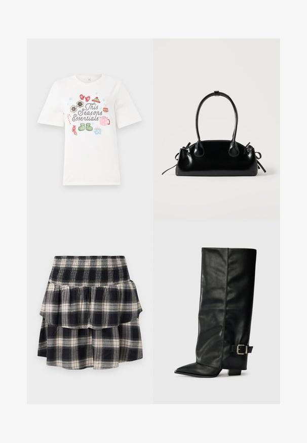 T-shirt blanc à manches courtes avec un design coloré portant le texte "Les essentiels de cette saison" et diverses illustrations saisonnières, y compris des fleurs et des cadeaux.; Jupe à volants à carreaux noir et blanc avec taille smockée. Avec des couches froncées et une texture douce en coton.; Bottes noires en cuir longueur cheville avec un bout pointu, texture lisse et une accent en boucle argentée sur le côté. Talon carré épais.; Petit sac à main noir brillant avec deux longues anses et des détails à cordon sur les côtés sur un fond clair uni.