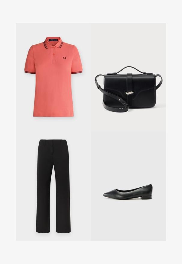 Κοραλλί polo Fred Perry με κοντά μανίκια, λωρίδα με δύο κουμπιά, μαύρες διπλές ρίγες στη γιακά και στα μανίκια, και κεντημένο λογότυπο δάφνης στο στήθος.; Μαύρο παντελόνι με ίσια γραμμή, που διαθέτει λεία υφή, κρυφή μπροστινή κούμπωμα και δύο μπροστινές τσέπες.; Μαύρες δερμάτινες μπαλαρίνες με μυτερή μύτη, χαμηλό ορθογώνιο τακουνάκι, λεία υφή και απλό, μινιμαλιστικό σχέδιο.; Μαύρο δερμάτινο τσαντάκι χιαστί με επάνω λαβή, ασημένιο κούμπωμα και ρυθμιζόμενο λουρί ώμου σε λευκό φόντο.