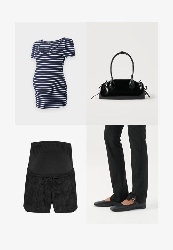 Gestreiftes Umstandstop in Marineblau und Weiß, kurze Ärmel, runder Halsausschnitt, gerippte Textur, figurbetont mit extra Platz für einen wachsenden Bauch.; Schwarze Umstandsshorts mit strukturiertem Design, Kordelzugbund und glattem, elastischem Taillenbund. Weicher Stoff für hohen Tragekomfort.; Beine in schwarzen schmalen Hosen mit vorderen Schlitzen am Saum, kombiniert mit schwarzen flachen Mary-Jane-Schuhen mit kleinem Schnallenriemen.; Kleine schwarze glänzende Handtasche mit zwei langen Griffen und seitlichen Kordelzug-Details vor einfachem hellem Hintergrund.