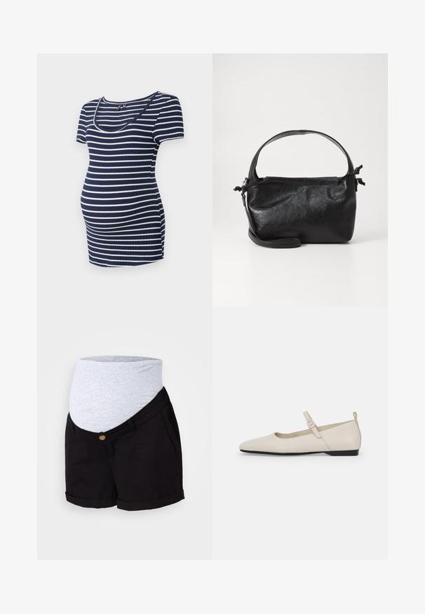 Marineblå og hvid stribet graviditetstop, kortærmet, rund halsudskæring, ribbet tekstur, tætsiddende med ekstra plads til en voksende mave.; Sorte graviditetsshorts med en grå strækvidde i taljen. Funktioner inkluderer forlommer, knaplukning og oprullede kanter for en afslappet pasform.; Hvide ballerinasko i læder med spids tå, ankelsnor og lav sort hæl. Glat tekstur med minimale detaljer.; Sort læderhåndtaske med et struktureret design, rund tophåndtag og aftagelig skulderrem. Den har en glat tekstur og en subtil glans.