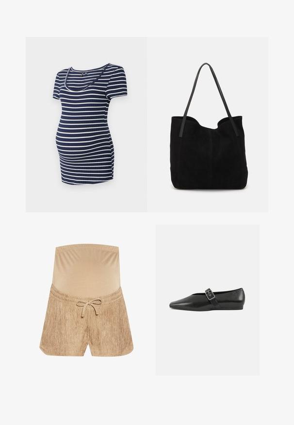 Gestreiftes Umstandstop in Marineblau und Weiß, kurze Ärmel, runder Halsausschnitt, gerippte Textur, figurbetont mit extra Platz für einen wachsenden Bauch.; Beige Shorts mit elastischem Bund, Zugbanddetail und strukturiertem Stoff mit vertikalem Streifenmuster.; Schwarze Lederflachschuhe mit spitzem Zehenbereich, ausgestattet mit einem metallischen Riemen über dem Spann und einer niedrigen, flexiblen Sohle.; Schwarze Wildleder-Umhängetasche mit zwei langen, flachen Ledergriffen. Sie verfügt über eine gewölbte obere Kante und sichtbare Nähte auf der Vorderseite. Keine Hardware-Details.