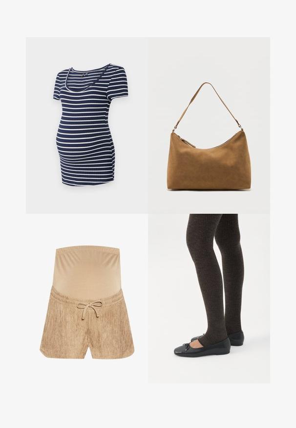 Blusa de maternidad a rayas en azul marino y blanco, de manga corta, con escote redondeado, textura acanalada, ajustada pero con espacio extra para una barriga en crecimiento.; Pantalones cortos beige con banda elástica en la cintura, detalle de cordón y tejido texturizado que presenta un patrón de rayas verticales.; Piernas con leggings oscuros acanalados combinados con bailarinas negras que presentan pequeños detalles de lazo sobre un fondo blanco.; Bolso de hombro de ante marrón con una sola correa y cierre de cremallera superior, exhibido sobre un fondo blanco liso.
