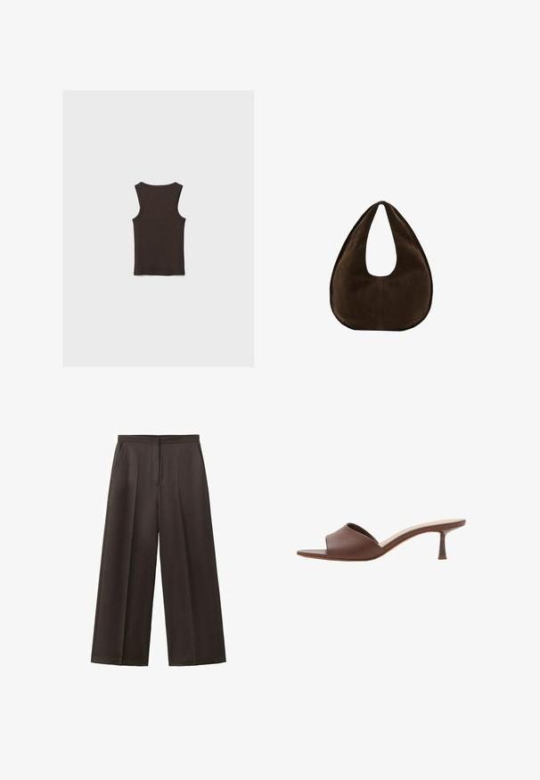 Débardeur sans manches brun foncé avec un col rond, posé à plat montrant le dos sur un fond clair uni.; Pantalon noir à jambes larges avec taille haute, plis avant et poches latérales, conçu pour une tenue formelle ou professionnelle.; Mule en cuir marron à bout ouvert, avec un talon kitten bas et fin et une semelle intérieure rembourrée, présentée sur fond blanc.; Sac à main en daim marron foncé en forme de croissant avec une seule sangle large et une texture lisse sur fond blanc.