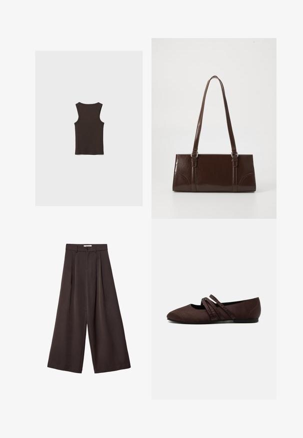 Débardeur sans manches brun foncé avec un col rond, posé à plat montrant le dos sur un fond clair uni.; Pantalon à jambes larges en tissu brun foncé, avec des plis, une fermeture par bouton, et une texture lisse ; longueur cheville avec une coupe ajustée.; Chaussure plate marron avec un bout pointu et deux fines brides croisées sur le cou-de-pied, détails de couture visibles et petit talon.; Sac à main en cuir verni marron de forme rectangulaire, avec deux longues poignées et des accents courbés subtils à l'avant.