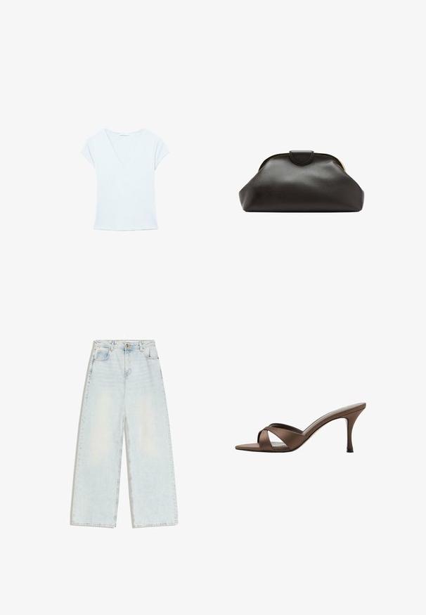 T-shirt blanc à manches courtes et col en V, silhouette ajustée, sur fond blanc uni.; Jean large bleu clair avec cinq poches, passants pour ceinture et fermeture à bouton sur la ceinture avant.; Mule marron à bout ouvert avec brides croisées et talon haut fin, présentée sur fond blanc.; Pochette en cuir noir souple avec un cadre arrondi et une petite fermeture à languette en haut au centre.