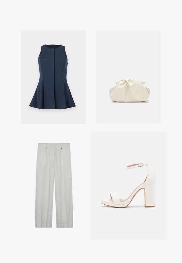 Haut sans manches bleu marine à basque avec encolure ronde et patte de boutonnage dissimulée à l'avant, présenté sur un fond gris clair.; Pantalons taille haute en gris clair, à jambes larges, fabriqués en tissu doux. Comprend deux plis avant, deux boutons de fermeture et une texture lisse.; Sandale à talon haut blanche avec une bride de cheville, design minimaliste, bout ouvert, talon carré et texture en cuir lisse.; Pochette en cuir souple couleur crème avec un design froncé et une fine bandoulière reposant à l’avant sur un fond uni.