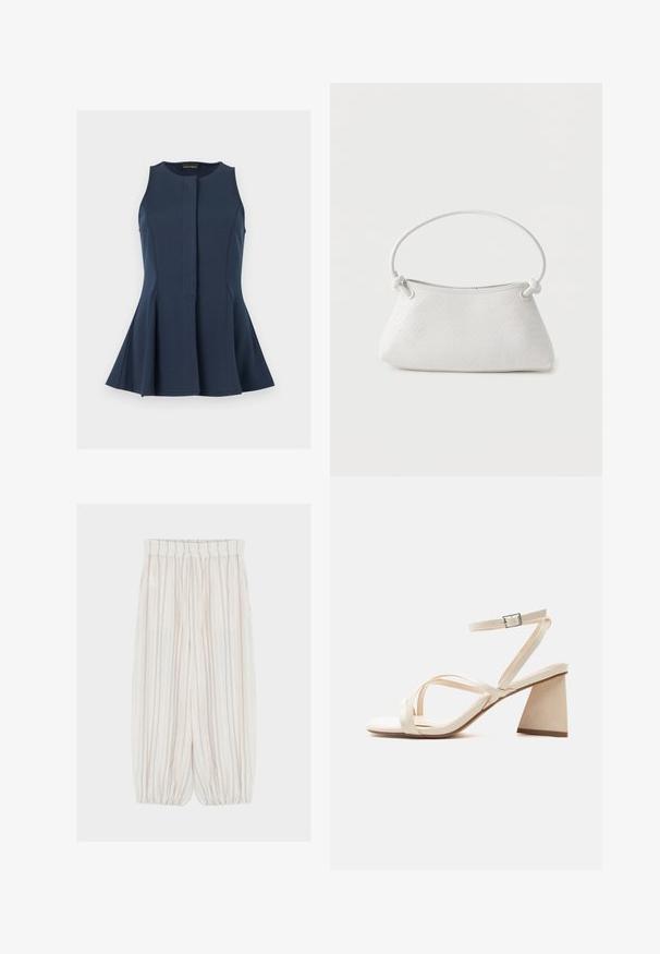 Haut sans manches bleu marine à basque avec encolure ronde et patte de boutonnage dissimulée à l'avant, présenté sur un fond gris clair.; Pantalon blanc à jambes larges avec fines rayures verticales noires, taille élastique et chevilles élastiques.; Sandale beige à bout ouvert avec talon bloc, brides croisées et bride de cheville réglable avec boucle argentée.; Sac à main en cuir tressé blanc avec poignée arrondie et extrémités de lanière nouées, présenté sur un fond uni.