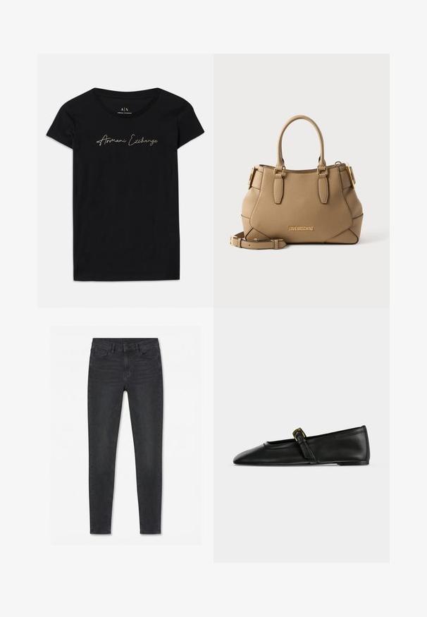 Zwarte korte mouwen t-shirt van katoen, met een scriptlogo "Armani Exchange" in gouden versieringen over de borst.; Zwarte slim-fit jeans met voor- en achterzakken, ritsvlieg en knoopsluiting, plat liggend weergegeven op een witte achtergrond.; Zwarte leren Mary Jane platte schoen met een spitse neus en een dun bandje met een kleine gouden gesp, van opzij getoond op een effen achtergrond.; Bruine gestructureerde leren handtas met dubbele handvatten, afneembare schouderriem, gouden gespen en "Love Moschino" logo aan de voorkant.