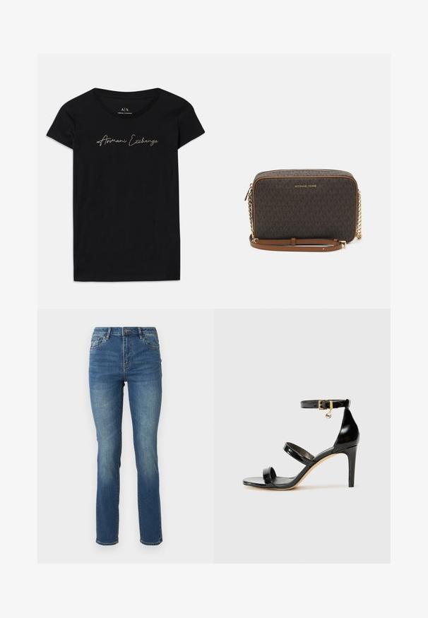 Camiseta de manga corta negra hecha de algodón, con un logo en escritura "Armani Exchange" en embellishments dorados en el pecho.; Jeans de mezclilla azul de corte medio con pierna recta, que cuentan con una textura suave, un leve desvanecimiento y un diseño clásico de cinco bolsillos con cierre de botón.; Sandalia de charol negro con tres correas, hebilla en el tobillo y tacón de aguja de 10 cm. Presenta detalles de hardware en oro y un charm con el logo.; Bolso cruzado sintético marrón con patrón de monogramas, herrajes en tono dorado, correa de cadena y cuero, cierre de cremallera y acentos en contraste color marrón claro.