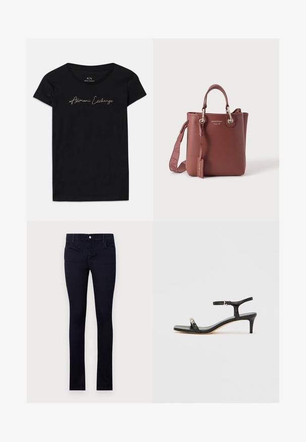 Zwarte korte mouwen t-shirt van katoen, met een scriptlogo "Armani Exchange" in gouden versieringen over de borst.; Marineblauwe jeans gemaakt van denim, met een slim fit ontwerp, vijf zakken en een metalen knoopsluiting bij de taille.; Zwarte leren sandaal met hak, enkelbandje, open neus, vierkante voorkant en zilverkleurige accenten. Gesloten ontwerp met een slank profiel.; Bruine leren handtas met bovenhandvatten, afneembare schouderriem en zilverkleurige beslagstukken, met het merk "Emporio Armani".