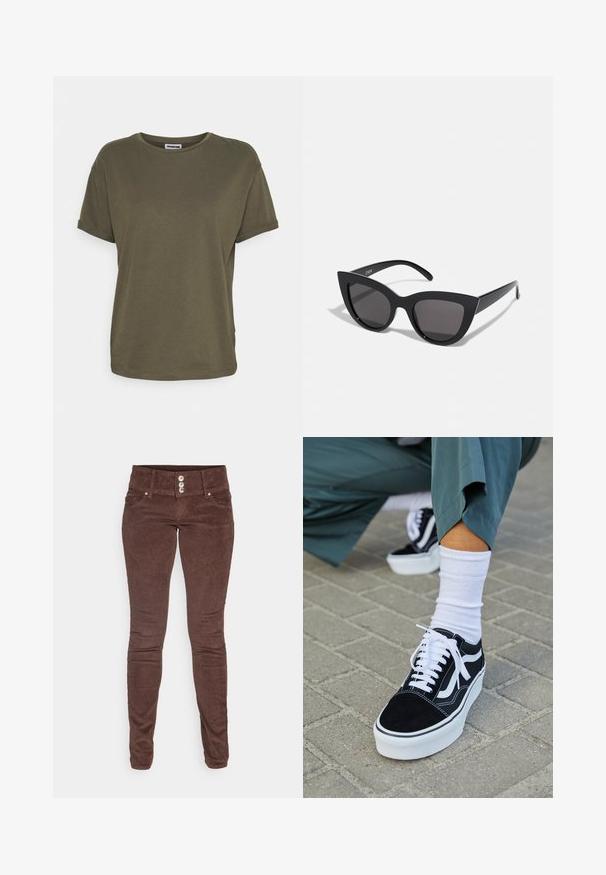 Noisy May NMBRANDY - Βασικό μπλουζάκι - kalamata; ONLY ONLANEMONE PANT - Παντελόνι - brown; Μαύρο σουέτ sneaker με λευκές λεπτομέρειες και κορδόνια, με παχύ λευκό πάτο και αντίθετη ραφή, συνοδευόμενο από λευκή κάλτσα.; Μαύρα γυαλιά ηλίου με σχήμα γατίσιας ματιού και ματ φινίρισμα, με γκρι φακούς και αιχμηρές γωνίες, καθώς και κομψά μπράτσα. Το όνομα της μάρκας είναι ορατό στο εσωτερικό του μπράτσου.