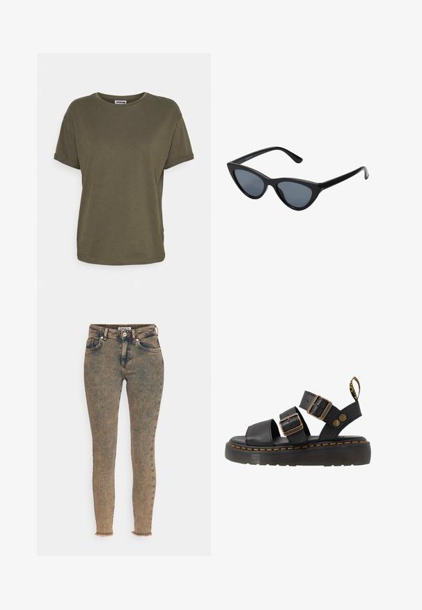 Noisy May NMBRANDY - Camiseta básica - kalamata; ONLY ONLBLUSH MID WAIST SKINNY - Vaqueros pitillo - dark blue; Sandalias de cuero negro con dos correas ajustables con hebillas, suela de goma y acento de costura amarilla. Presenta un tirador en el talón.; Gafas de sol negras en forma de ojo de gato con lentes gris oscuro, marco de plástico elegante, esquinas puntiagudas y patillas rectas. Sin herrajes ni acentos visibles.