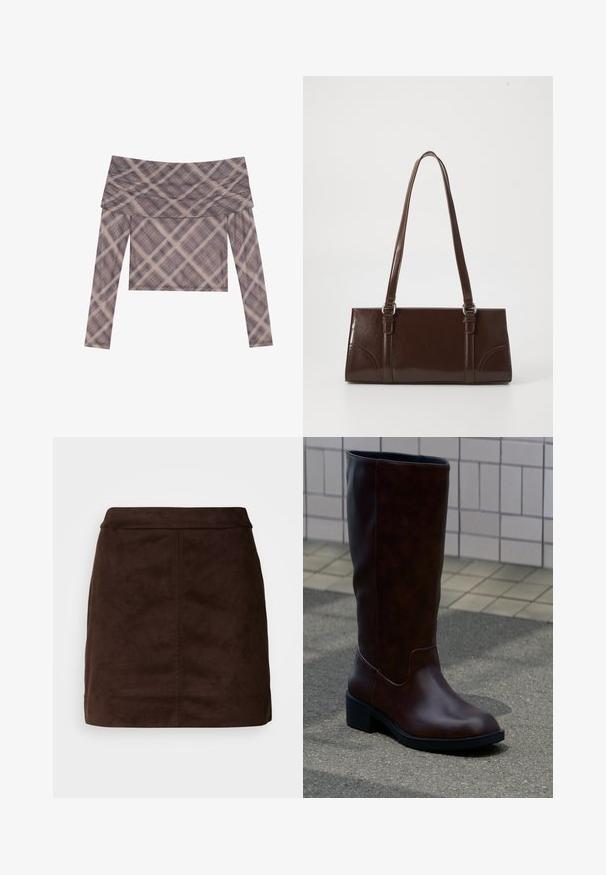 Langærmet off-the-shoulder bluse i blødt stof, med et dæmpet ternet mønster i nuancer af brun og beige, og en afslappet pasform.; Brun ruskind mini nederdel med en glat tekstur, tætsiddende talje og lodrette sømdetaljer. Minimalistisk design uden yderligere udsmykninger.; Mørkebrun læderstøvle til midt på læggen med rund tå og lav blokhæl, der står på fortov nær flisebelagt væg.; Brun lakeret håndtaske med rektangulær form, to lange håndtag og subtile buede detaljer på fronten.