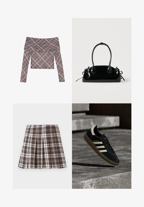 Langærmet off-the-shoulder bluse i blødt stof, med et dæmpet ternet mønster i nuancer af brun og beige, og en afslappet pasform.; Brun og hvid ternet plisseret nederdel med en struktureret design og sprød tekstur, der har høj talje og flere lodrette folder.; Sort Adidas-sneaker med hvide striber og gummisåler, svævende over grå betontrapper i naturligt lys.; Lille sort blank håndtaske med to lange håndtag og snøre-detaljer i siden på en ensfarvet lys baggrund.