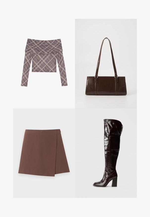 Langærmet off-the-shoulder bluse i blødt stof, med et dæmpet ternet mønster i nuancer af brun og beige, og en afslappet pasform.; Brun A-formet nederdel med let overlapdetalje foran, lavet af glat stof, vist på en ensartet lys baggrund.; Knæhøje, blanke bordeauxrøde læderstøvler med firkantet tå og blokhæl, der har et løstsiddende design og minimale syningsdetaljer.; Brun lakeret håndtaske med rektangulær form, to lange håndtag og subtile buede detaljer på fronten.