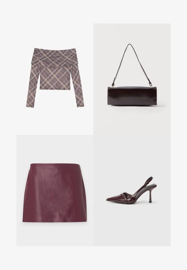 Langærmet off-the-shoulder bluse i blødt stof, med et dæmpet ternet mønster i nuancer af brun og beige, og en afslappet pasform.; Miniskirt i glat burgunderlæder med lige snit og uden synlige dekorationer eller lukninger.; Bourgogne laklæder slingback-hæl med spids tå, tynd ankelrem og lille dekorativ spænde. Glat tekstur og høj hæl.; Rektangulær sort læderhåndtaske med en enkelt lang rem og blank finish, vist mod en ensfarvet hvid baggrund.