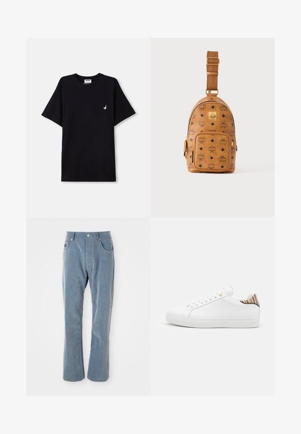 Zwarte katoenen t-shirt met korte mouwen, voorzien van een klein geborduurd accent van een gans op de borst en een ronde hals.; Lichtblauwe corduroy broek met knoop- en ritssluiting, voorzakken en rechte pijpen op witte achtergrond.; Witte leren sneaker met een gladde afwerking, voorzien van een kleurrijke gestreepte accent op de hiel, gouden oogjes en een vlakke witte zool.; Kleine lichtbruine leren crossbodytas met verstelbare schouderriem, voorvak met rits en herhalend zwart MCM-logo patroon.